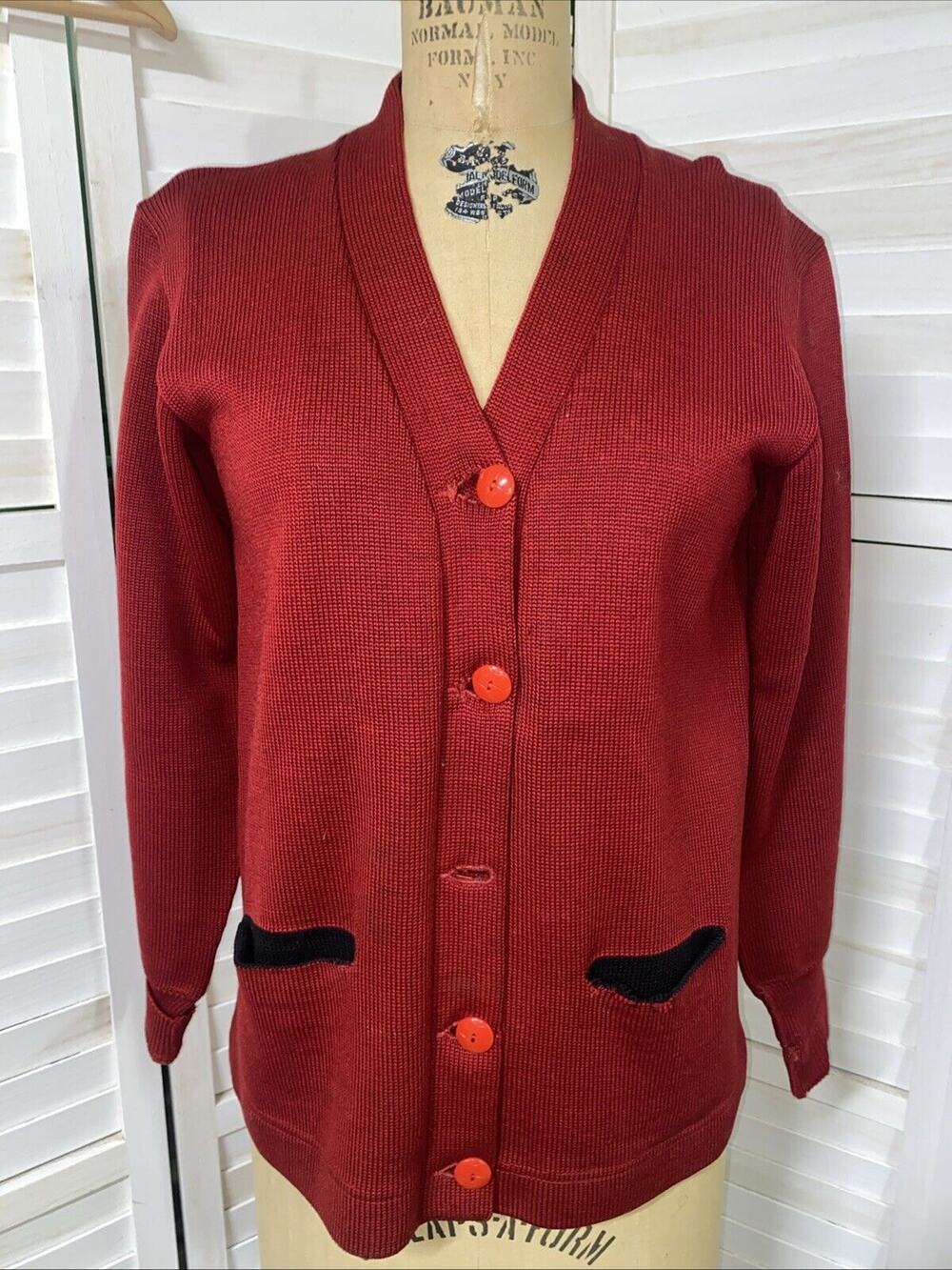 Vintage 1950s Red Dehen Letterman Wool Knit Cardigan Sweater Size Medium